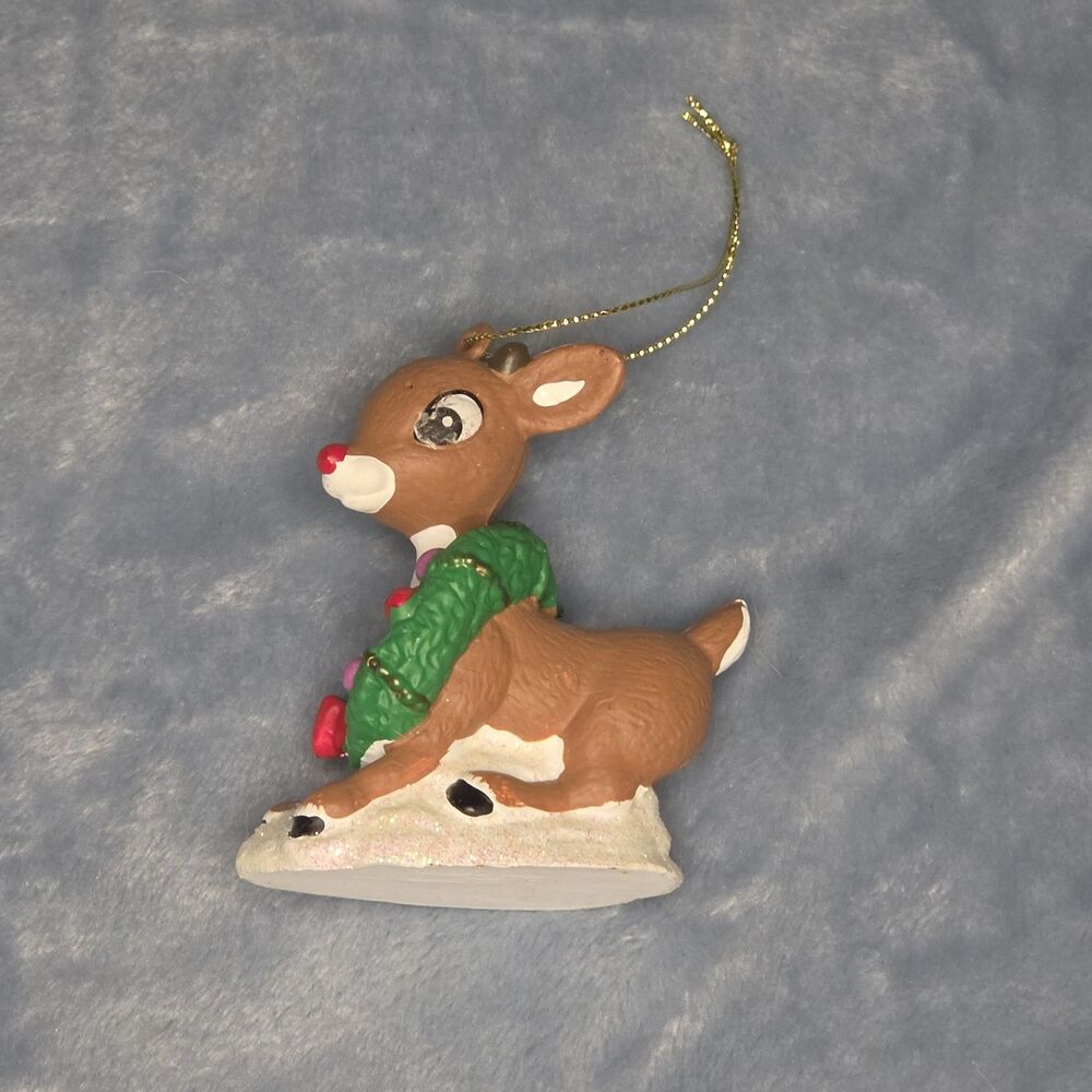 Rudolph the Red-Nosed Reindeer Christmas Ornament Figurine with Wreath